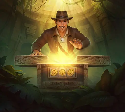 Χαμογελαστός εξερευνητής που ανοίγει έναν αρχαίο, φωτεινό μηχανισμό μέσα στον ναό, αποτυπώνοντας τη στιγμή της ανακάλυψης και τα αποκλειστικά προνόμια που προσφέρει το μπόνους καζίνο sankra