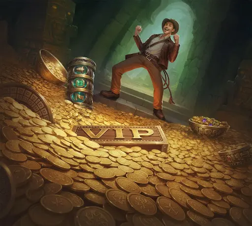 Ενθουσιασμένος εξερευνητής μέσα σε μια πλημμυρισμένη από χρυσά νομίσματα αίθουσα VIP, που συμβολίζει την άμεση πρόσβαση σε προνόμια και μεγάλες ανταμοιβές μέσω του μπόνους καζίνο sankra