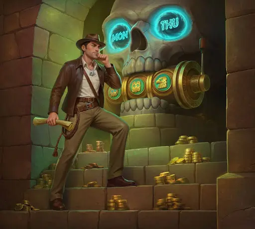 Σκεπτικός εξερευνητής μπροστά σε έναν αρχαίο μηχανισμό-κρανίο με φωτεινά σύμβολα ημερών, που αποτυπώνει τη στρατηγική επιλογή και τις αποκλειστικές ευκαιρίες που προσφέρει το μπόνους sankra