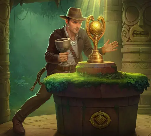 Εξερευνητής που ανακαλύπτει ένα χρυσό τελετουργικό τρόπαιο σε μυστικό βάθρο του ναού, συμβολίζοντας την πρόσβαση σε προνόμια και ανταμοιβές που συνδέονται με το μπόνους καζίνο sankra